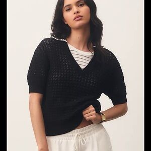 Anthropologie Varley Polo Sweater‎ Collar Monte Short-Sleeve V-Neck Black Size M